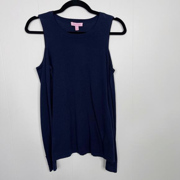 New Lilly Pulitzer Lyon Cold Shoulder Sweater Small True Navy Blue Cotton Modal - Picture 1 of 11